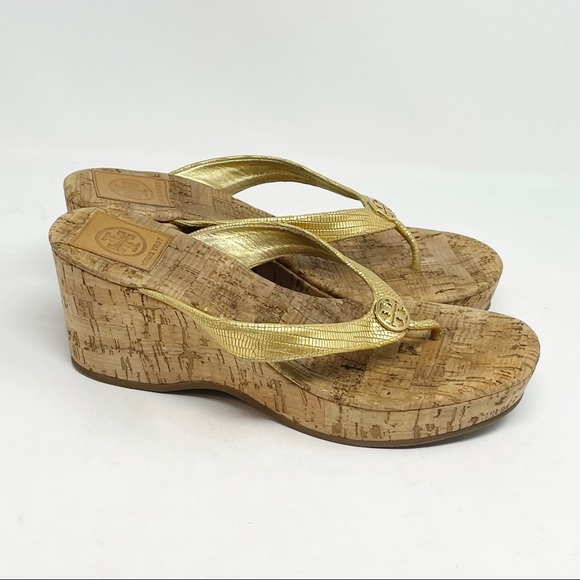 TORY BURCH Women’s SUZY Cork Wedge Gold Reptile